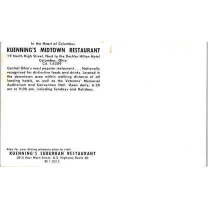 Vintage Postcard Kuenning's Midtown Restaurant Interior View Columbus Ohio TD9