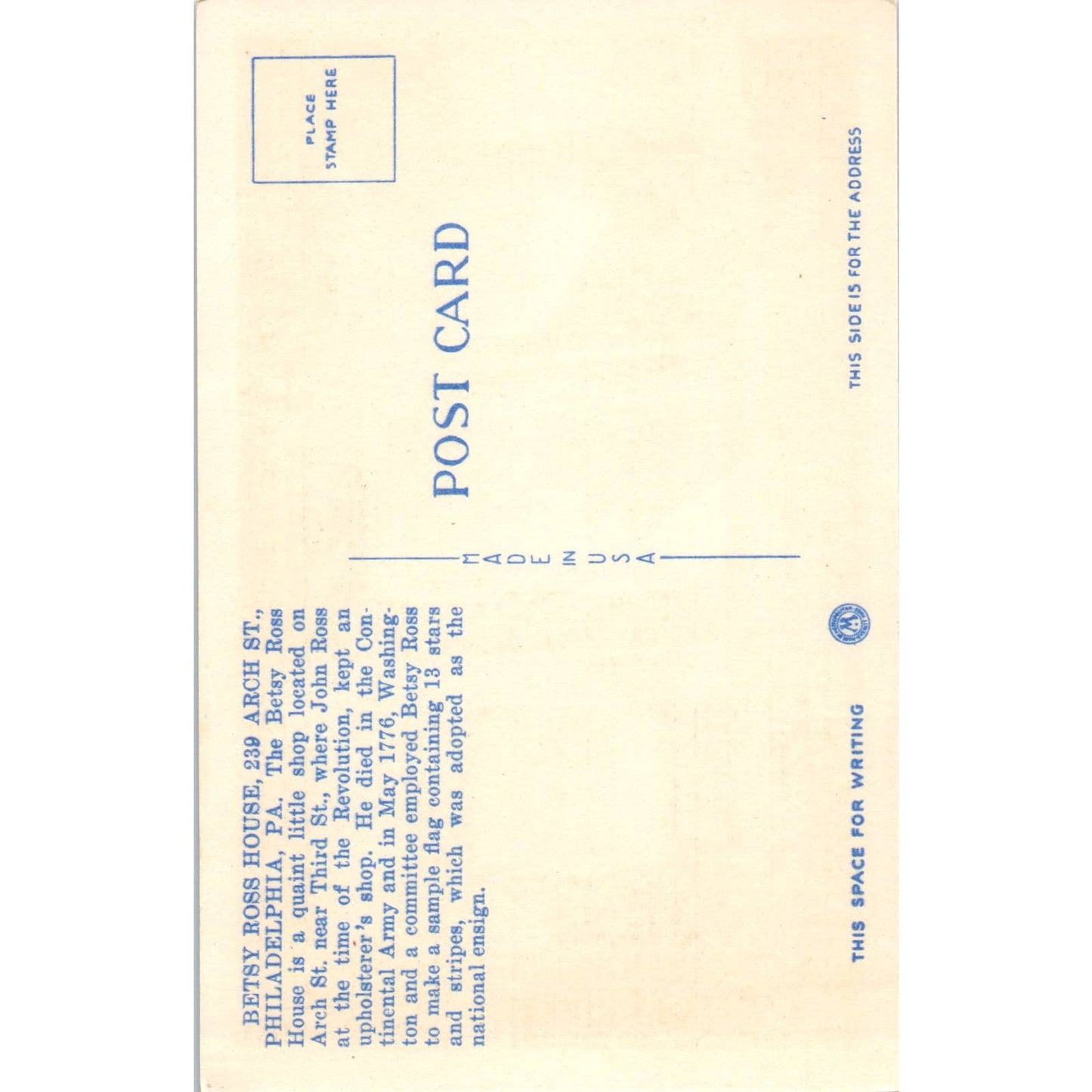 Vintage Postcard Betsy Ross House in Philadelphia PA TI1-1