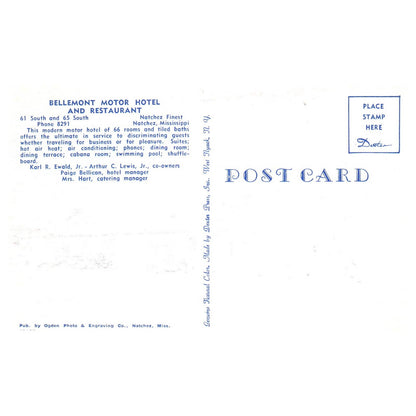 Vintage Postcard- Bellemont Motor Hotel and Restaurant Natchez Mississippi TJ6-1
