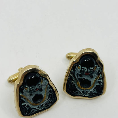 Vintage Shields Gold Tone Enamel Hand Painted Buddah Cufflinks SB8