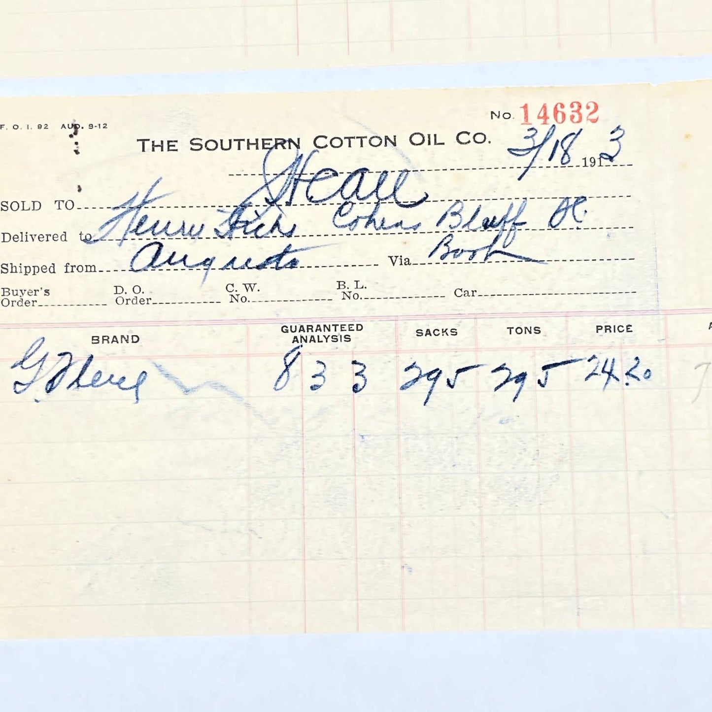 1913 Southern Cotton Oil Company Letterhead Receipt Allendale SC Set of 2 AC3-3