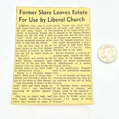 1930s Newspaper Article - Former Slave Leaves Estate to Church Liberal KS AB8