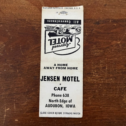 Jensen Motel Cafe Audubon Iowa Advertising Matchbook Cover SB3-M2