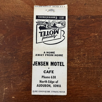 Jensen Motel Cafe Audubon Iowa Advertising Matchbook Cover MM11-6