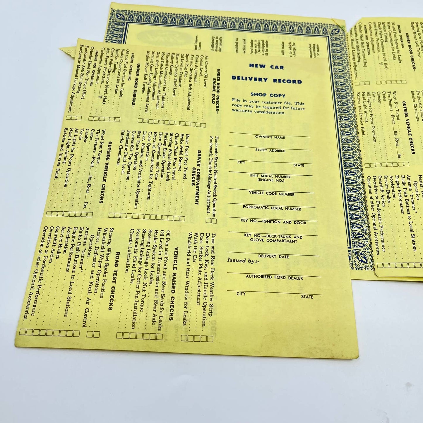 1950s Authorized Ford Dealer Service Policy Warranty Deed Inspection Sheet AA7