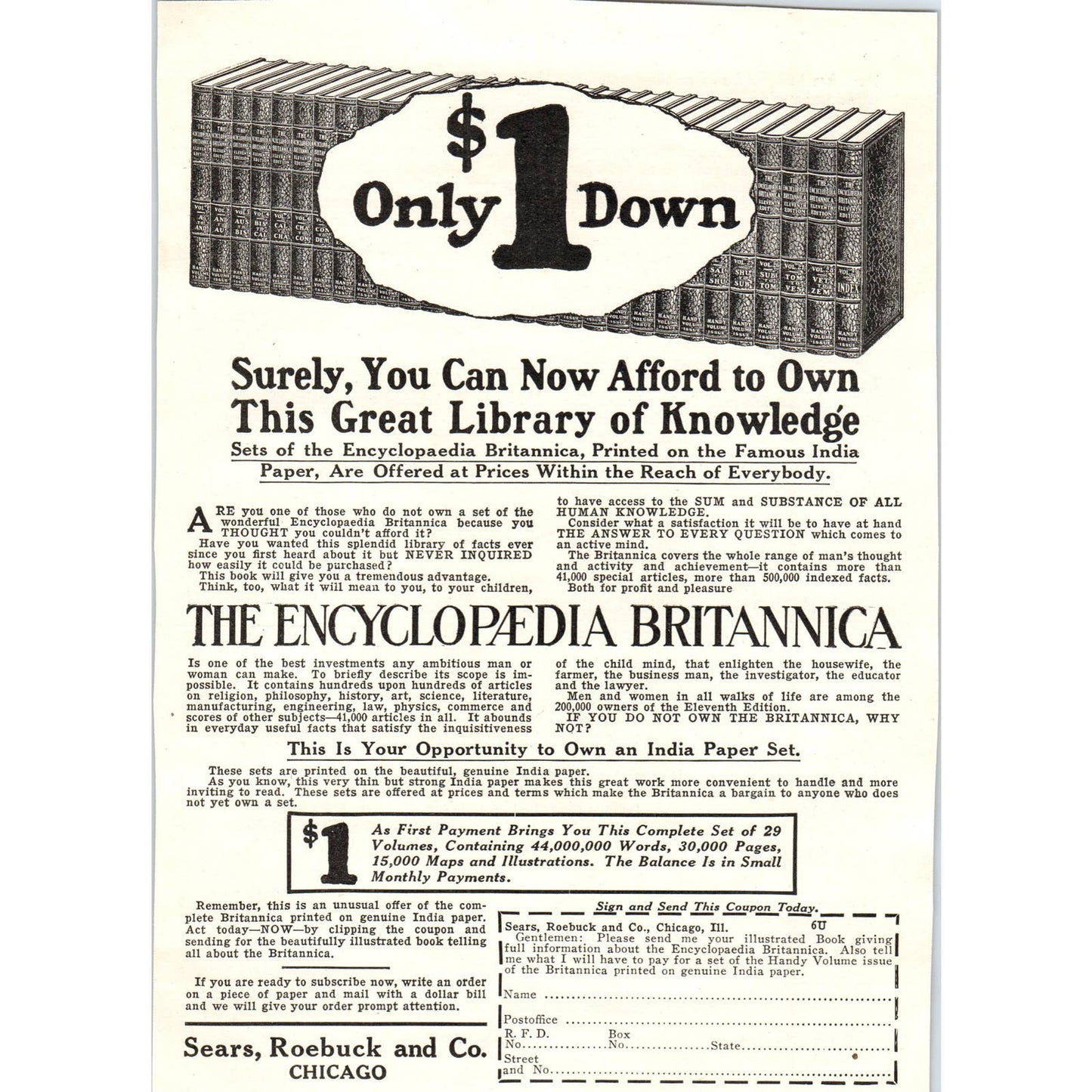 Sears, Roebuck & Co Chicago - Encyclopaedia Britannica - 1921 Original Ad TJ7-L