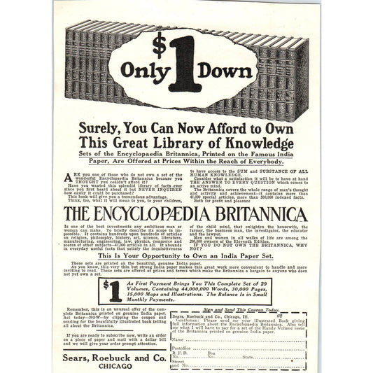 Sears, Roebuck & Co Chicago - Encyclopaedia Britannica - 1921 Original Ad TJ7-L