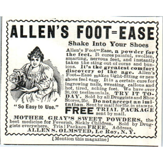 Allen's Foot Ease Shoe Powder Allen S. Olmstead LeRoy NY 1903 Original Ad TJ7-L