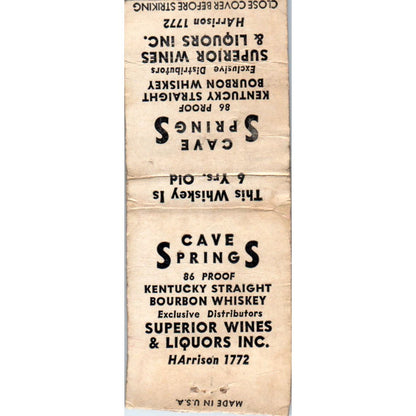 Cave Springs Kentucky Straight Bourbon Whiskey Advertising Matchbook SA9-M4