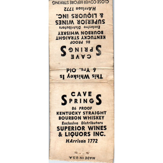 Cave Springs Kentucky Straight Bourbon Whiskey Advertising Matchbook MM9-4