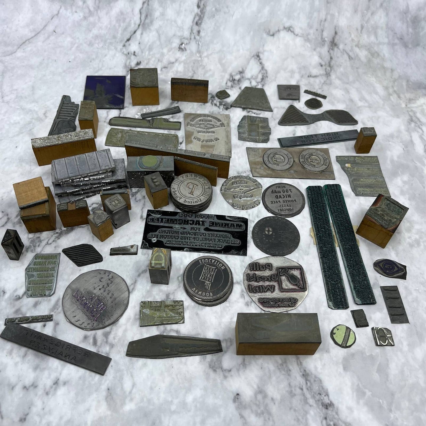 Huge Lot Vintage Letterpress Printers Block Plates Various Shapes & Sizes SE851