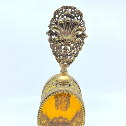 Vintage French Filagree Gilt Ormolu Amber Glass Perfume Bottle 10" TF6