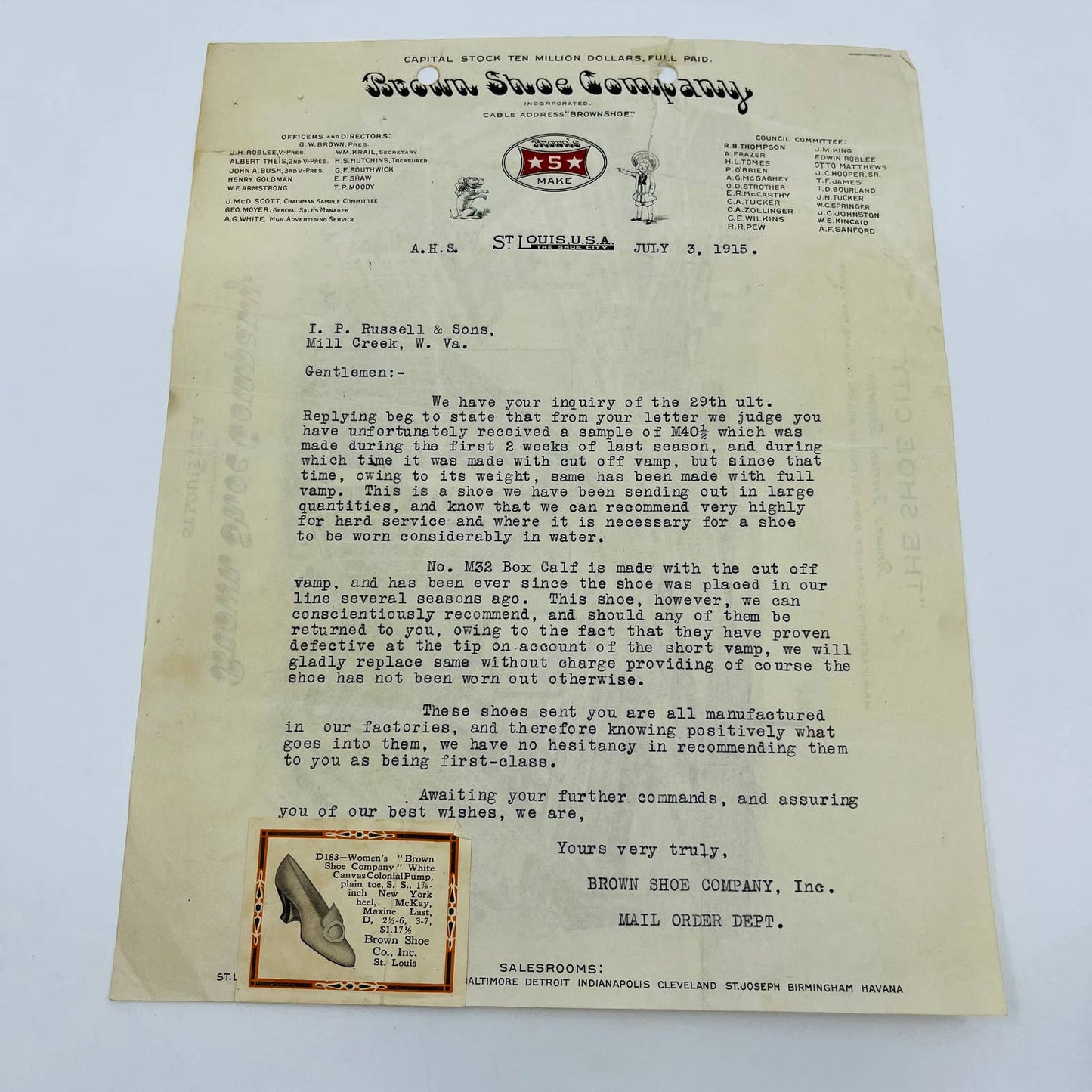 1915 Brown Shoe Company St. Louis MO Correspondence Letterhead Memo AA4