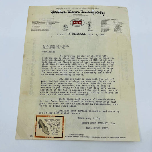 1915 Brown Shoe Company St. Louis MO Correspondence Letterhead Memo AA4