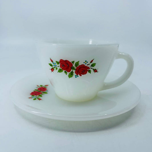 1950s MCM Fire King Cup & Saucer Set Milk Glass Red Rose Pattern TC9
