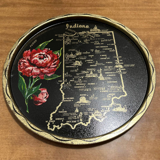 Vintage Black & Gold Metal State Souvenir Plate Tray Indiana Peony 11” TG7