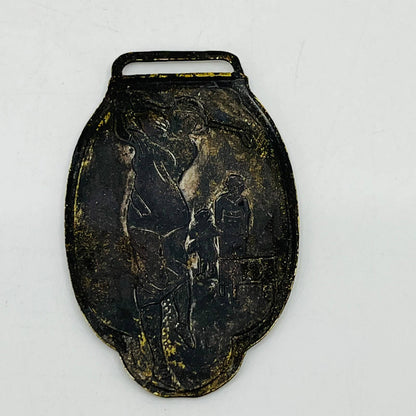 Antique Woman Golfing Metal Brass Golf Bag Tag Medallion Embossed SC3