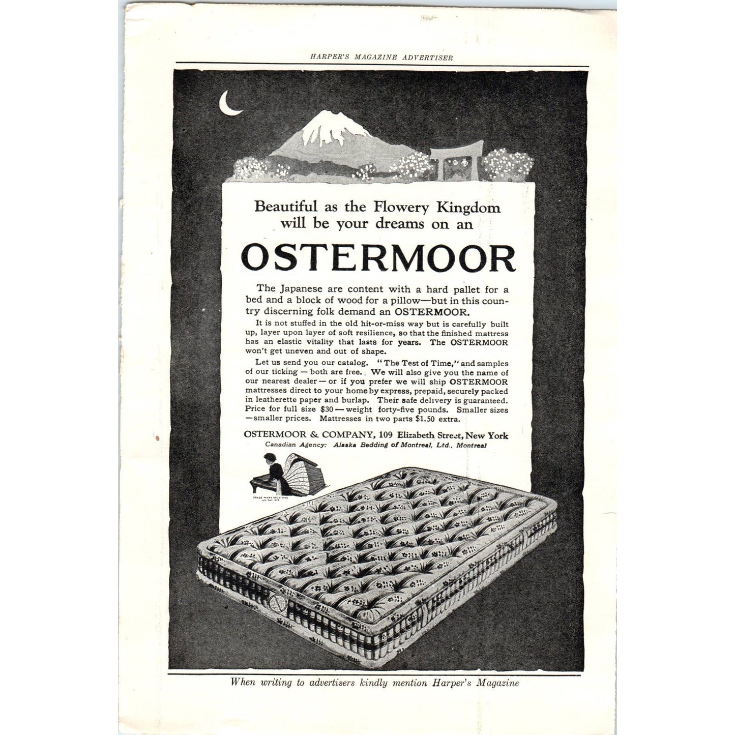 c1920 Harper's Magazine Ad - Ostermoor and Company Mattress NY Montreal TF6-1