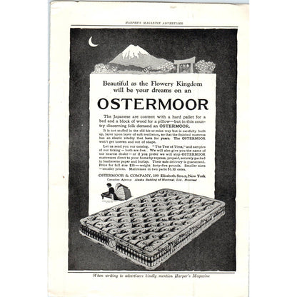 c1920 Harper's Magazine Ad - Ostermoor and Company Mattress NY Montreal TF6-1