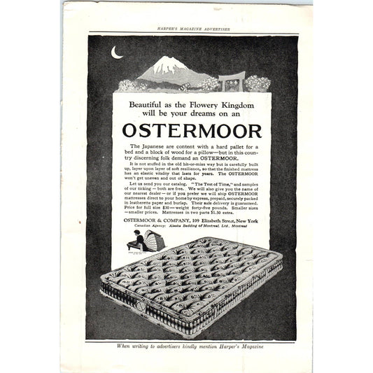c1920 Harper's Magazine Ad - Ostermoor and Company Mattress NY Montreal TF6-1