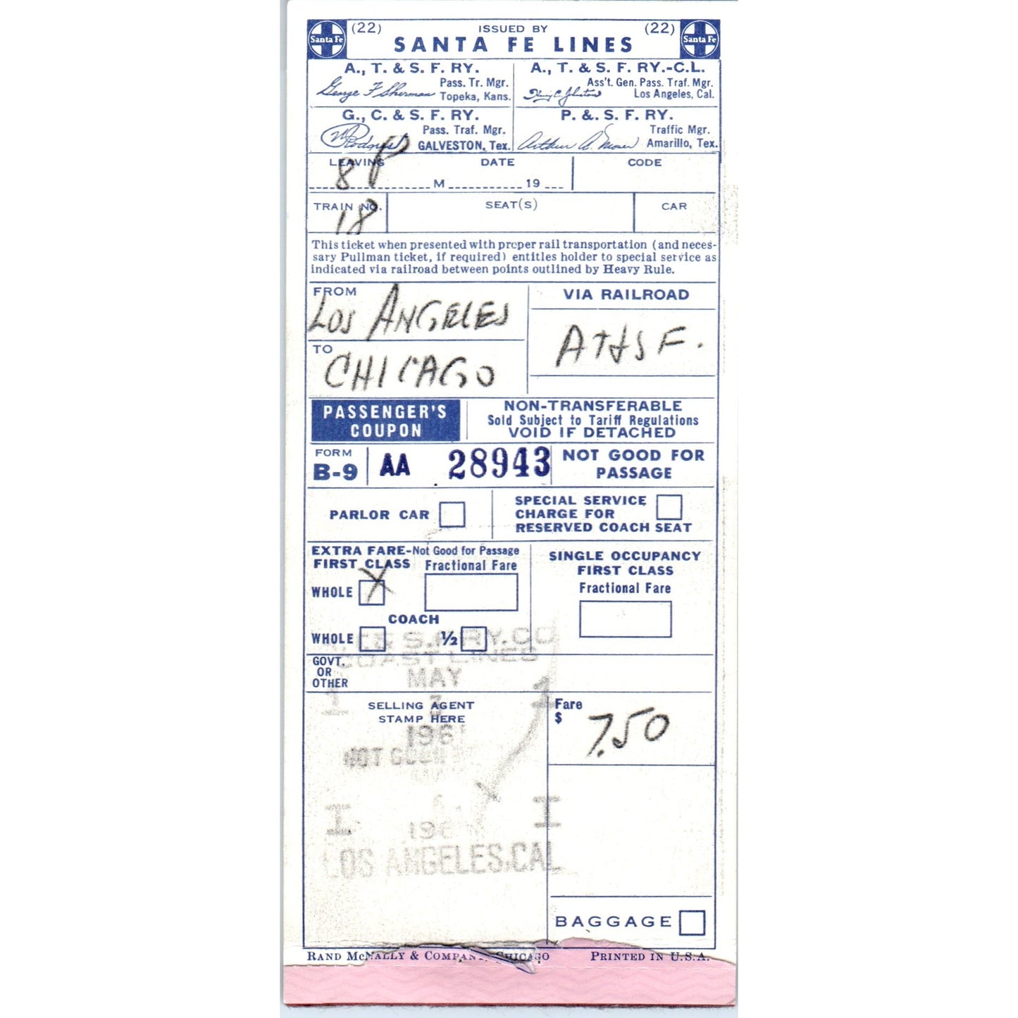 1961 Santa Fe Lines Railroad Ticket Los Angeles to Chicago AK3-6