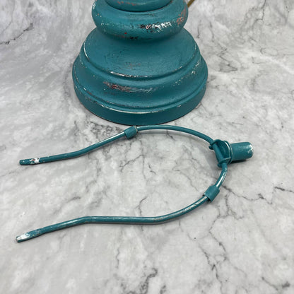 Vintage Shabby Chic Distressed Turquoise Table Lamp w/ Harp & Finial WORKS 20"