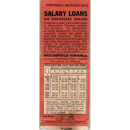 Vintage Matchbook Cover Household Finance Corporation Salary Loans SE5