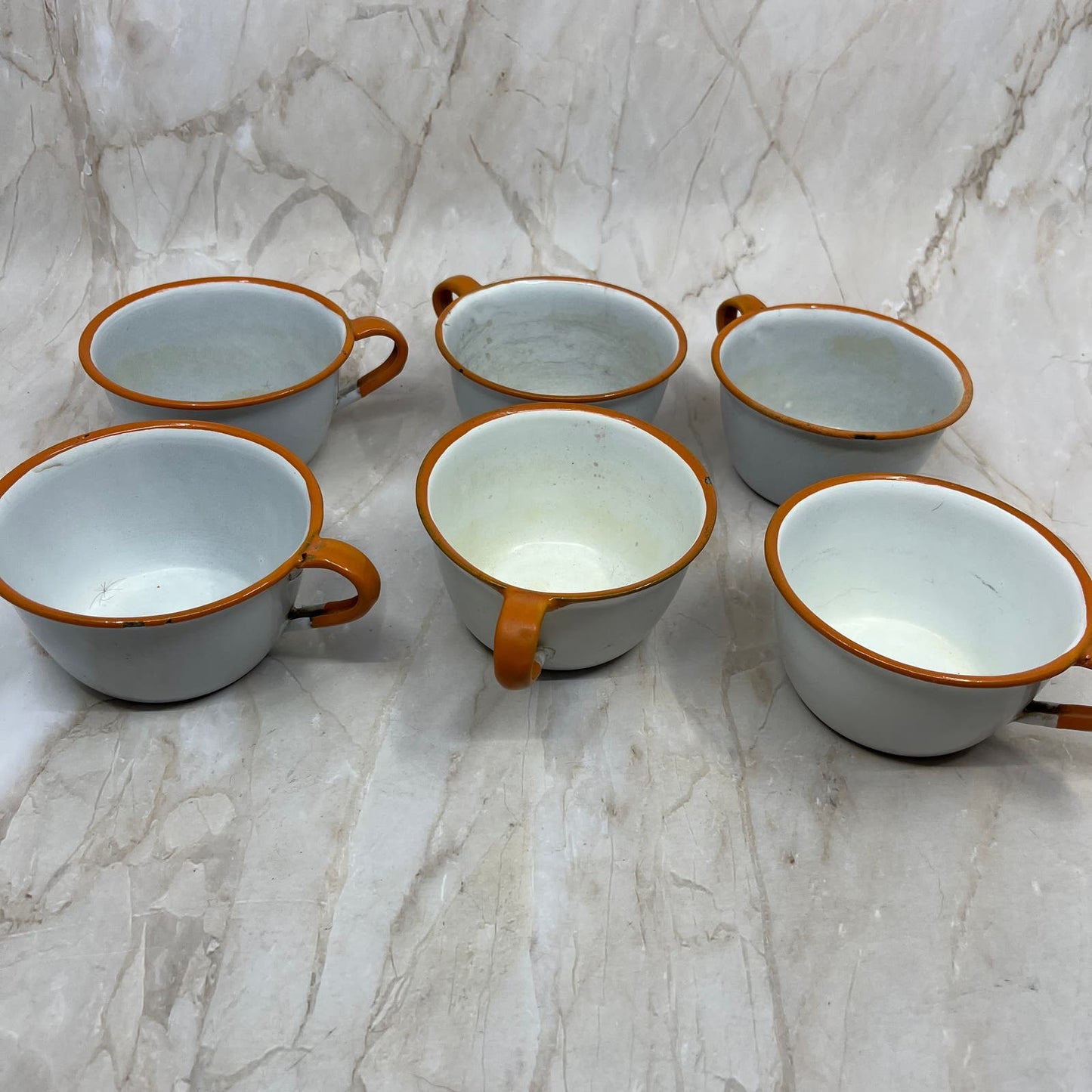 Vintage Enamelware 6 Place Setting Full Set White Orange Trim Bowls Plates Cups
