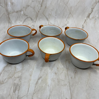 Vintage Enamelware 6 Place Setting Full Set White Orange Trim Bowls Plates Cups