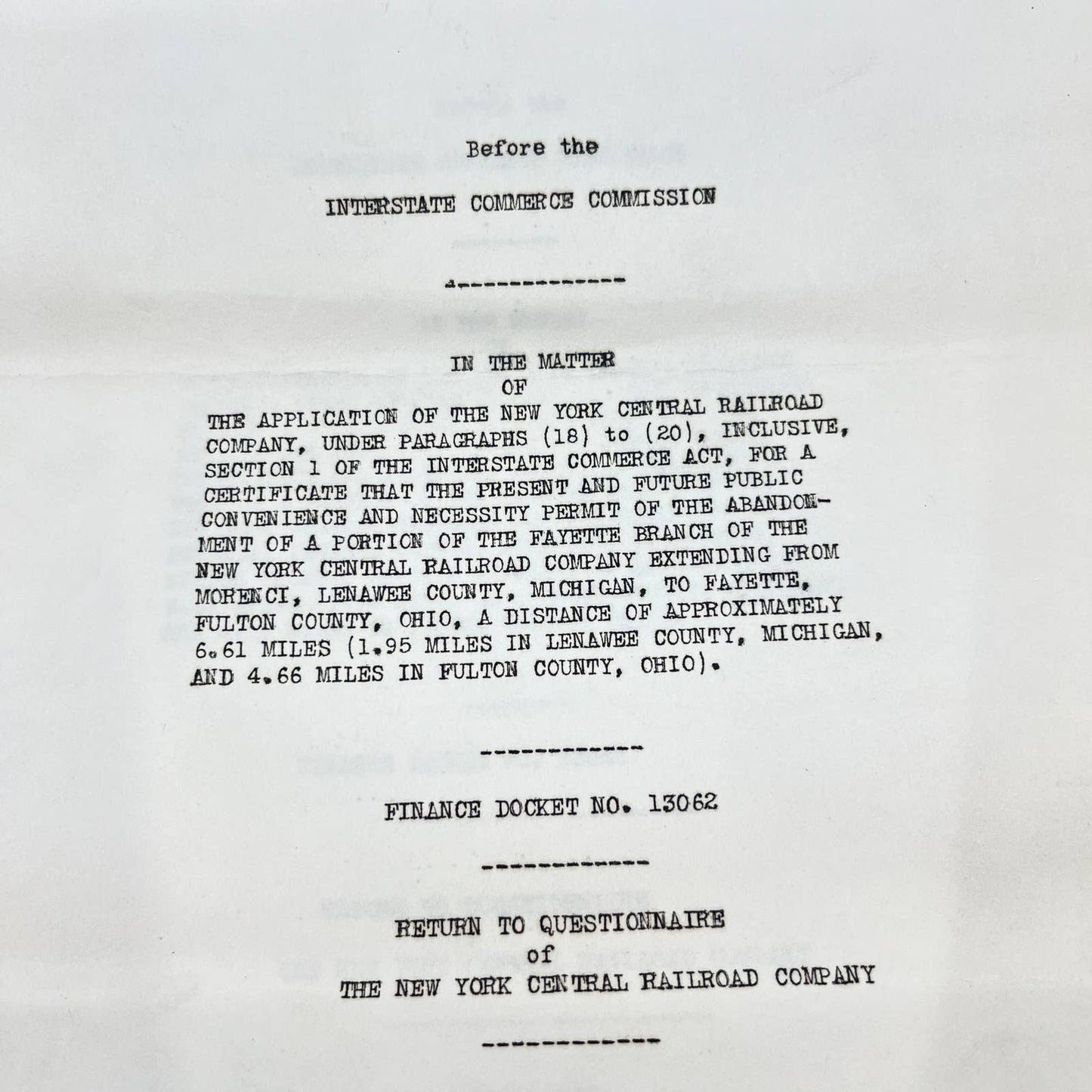 1940 New York Central RR Railroad Doc Abandonment of Fayetteville Branch TF7-2