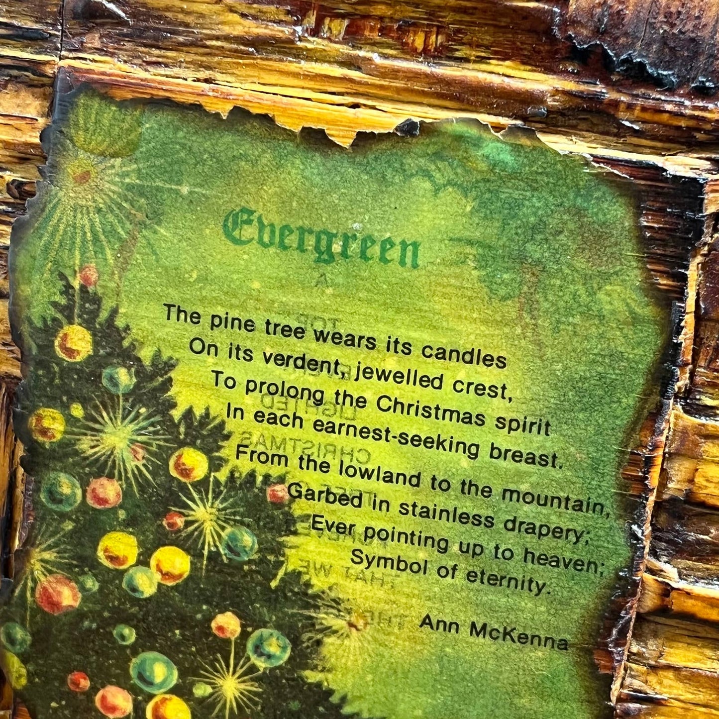 Vtg Hand Made Textured Wood Deco Christmas Poem Evergreen Ann McKenna 5x7” TH7