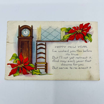 1923 Christmas New Year’s Post Card Poinsettia Grandfather Clock Whitney PA3