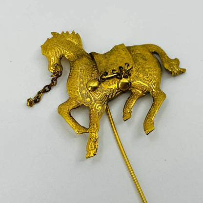 Vintage MCM Hat Lapel Stick Pin Gold Tone Ornate Horse 2 1/2” SB3