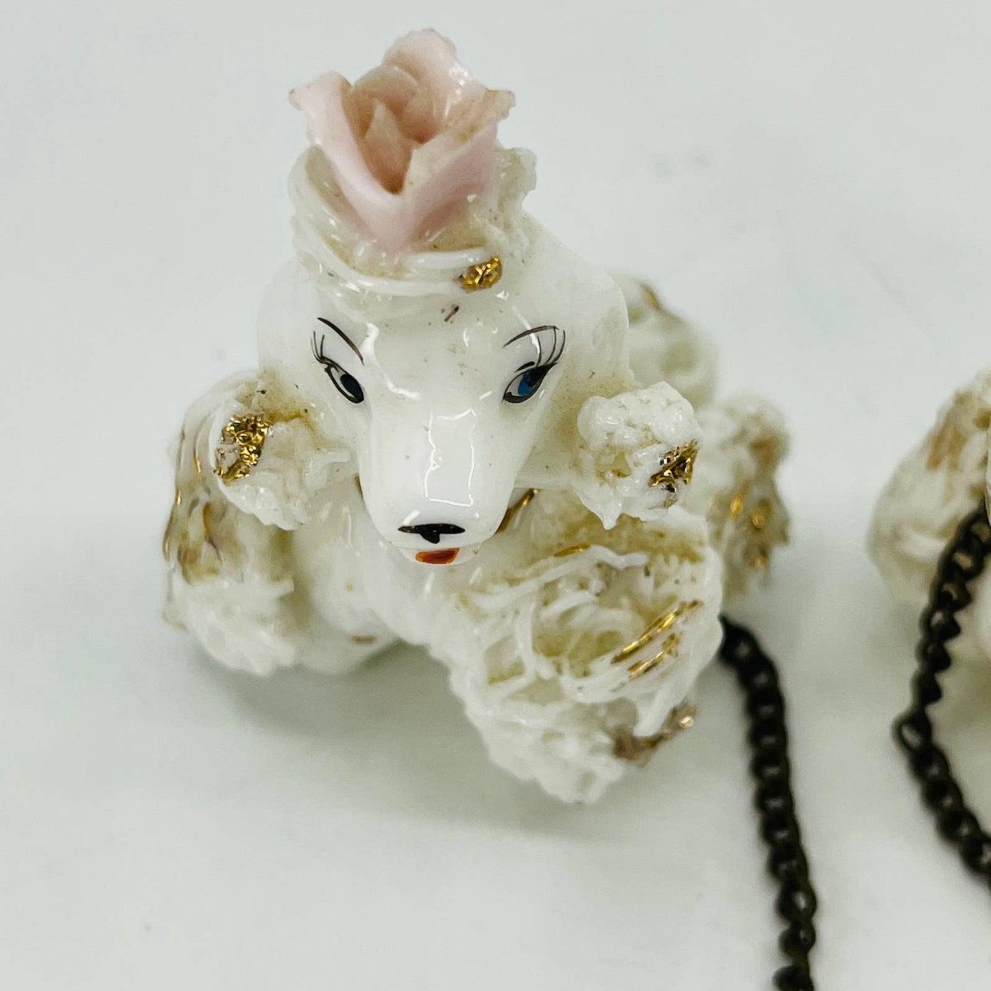 Vintage Poodle Dogs on Chain Hand Painted Bone China Porcelain 2” SA5