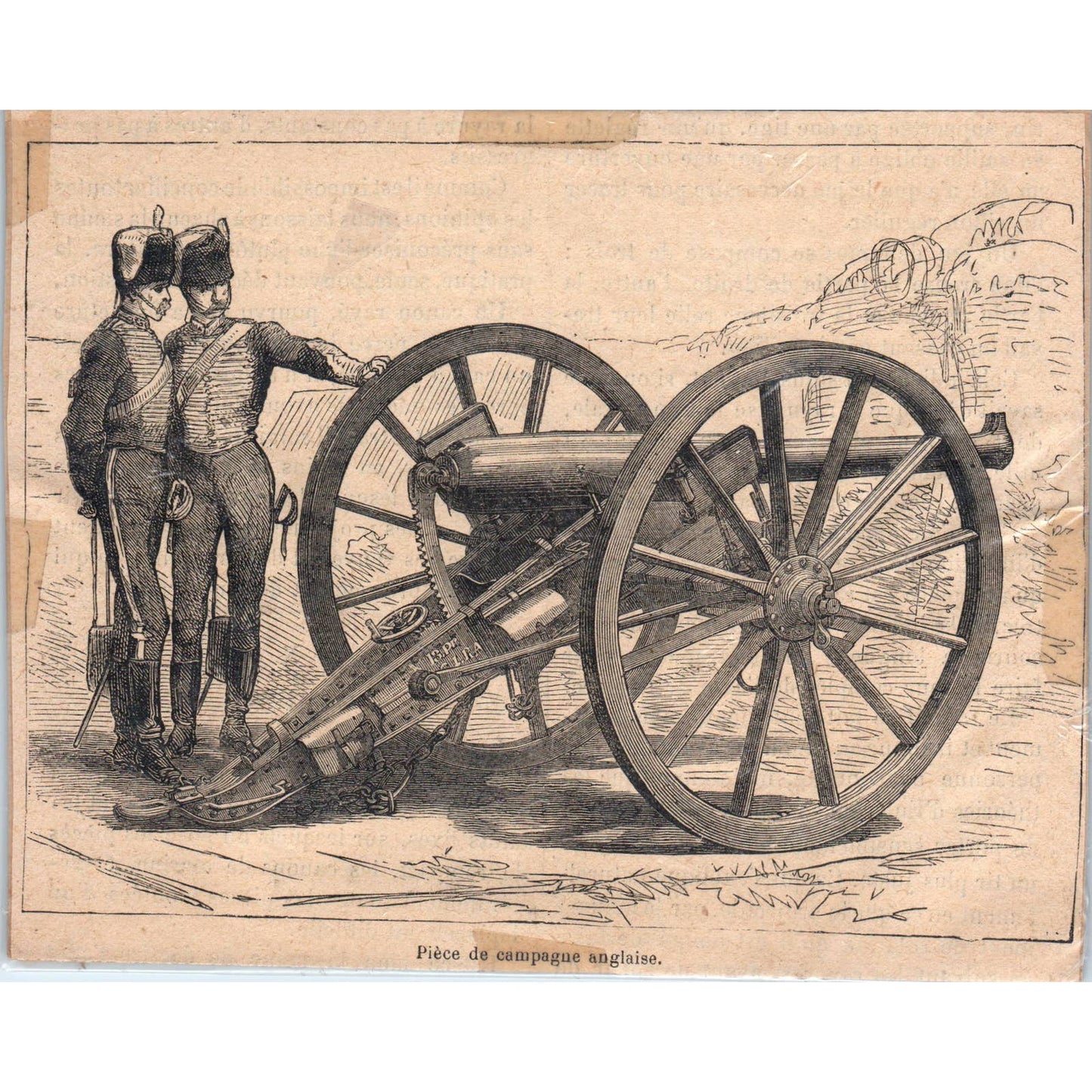 1880s French Wood Engraving English Muzzle-Loading Field Gun Cannon 5x6" TJ1-1