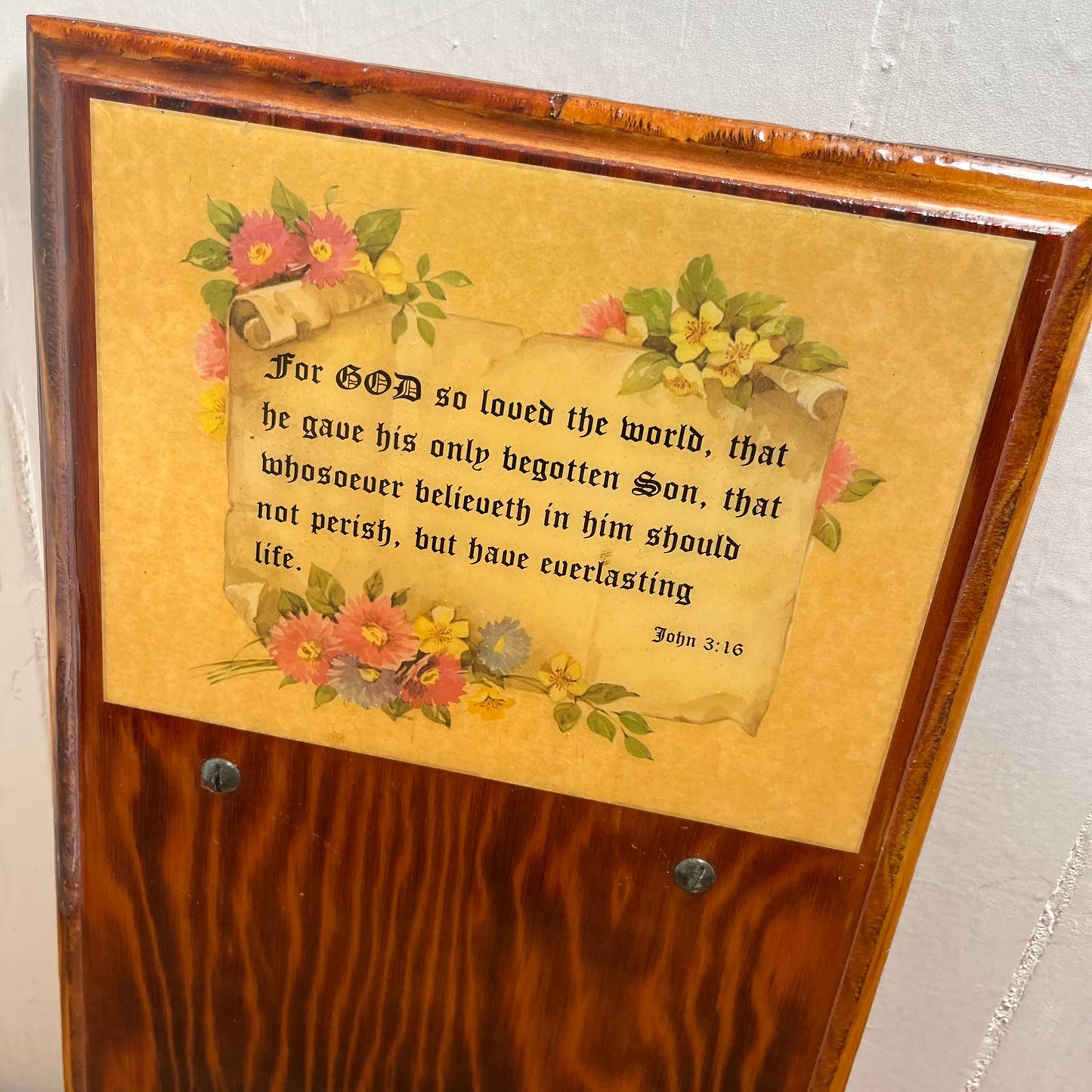 Vtg Hand Made Burnt Wood Epoxy John 3:16 Message Board Plaque w Magnets 9x16 TH7