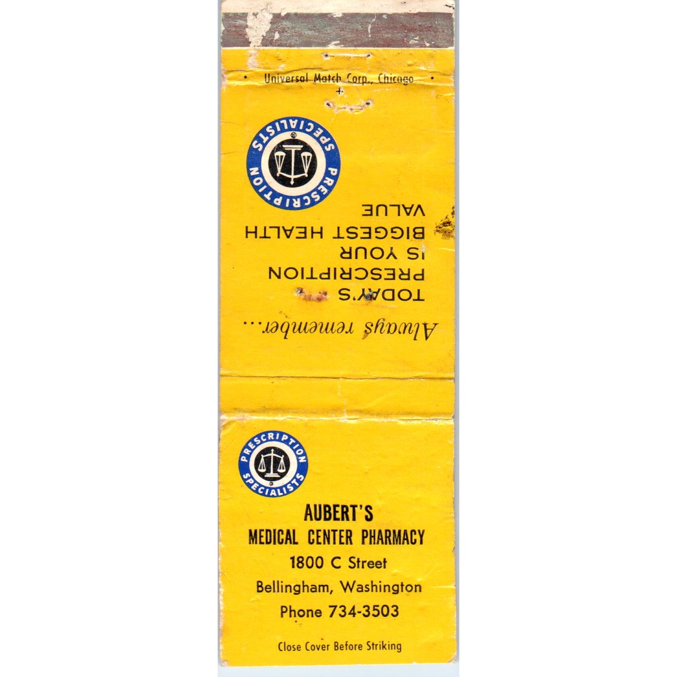 Aubert's Medical Center Pharmacy Bellingham WA Advertising Matchbook MM9-9