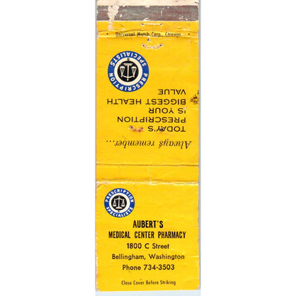 Aubert's Medical Center Pharmacy Bellingham WA Advertising Matchbook MM9-9