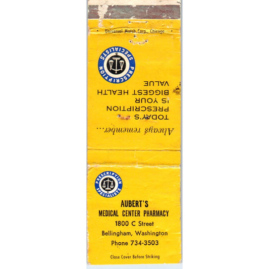 Aubert's Medical Center Pharmacy Bellingham WA Advertising Matchbook MM9-9