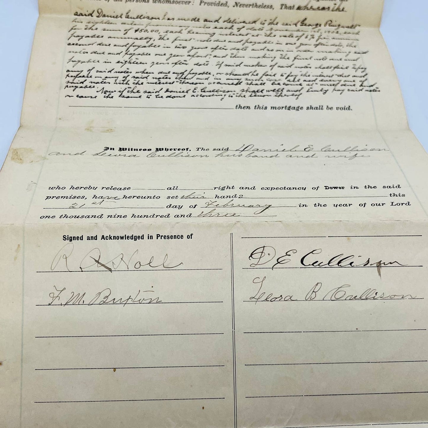 c1900 Mortgage With Dower Deed Daniel E Gullison Newcastle Ohio C12