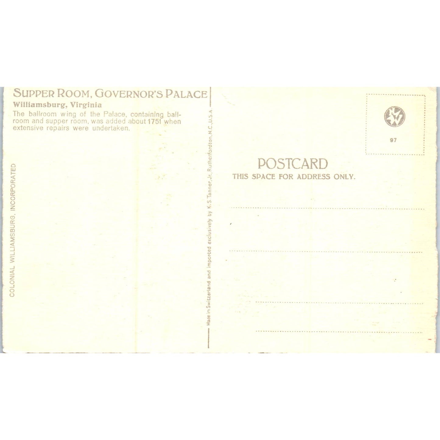 Superior Room Governor's Palace Williamsburg Virginia Original Postcard TK1-P20