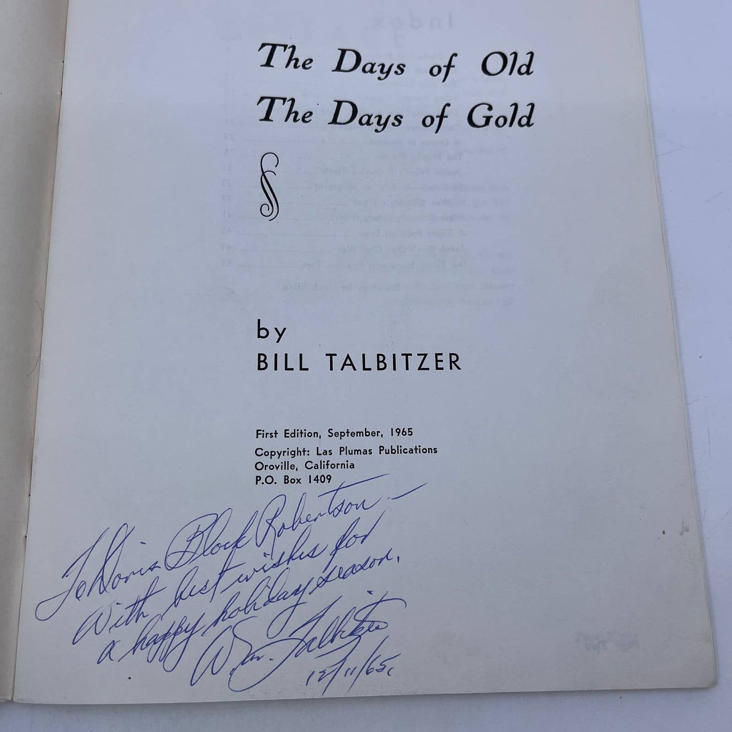 1965 The Days of Old The Days of Gold Bill Talbitzer 1st Edition Signed CA TH8