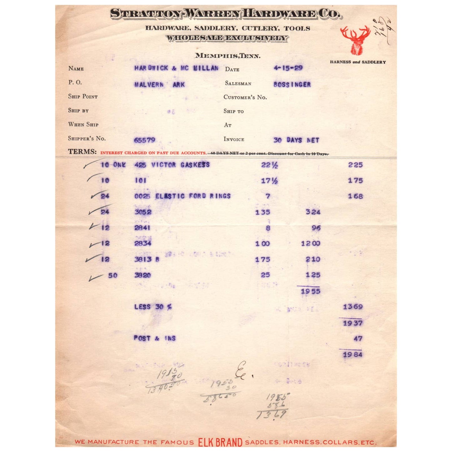 1929 Stratton-Warren Hardware Co Letterhead Billhead Memphis TN AD1