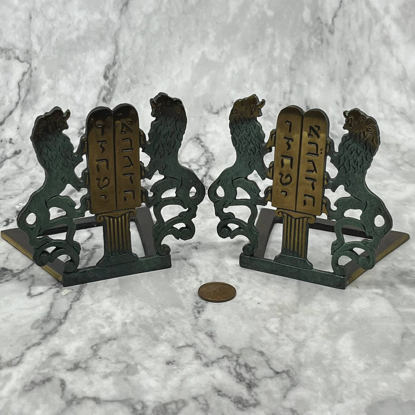 Vintage Judaica Set Of 2 Brass Book Ends Lions Of Judah Hand Made In Israel TK1