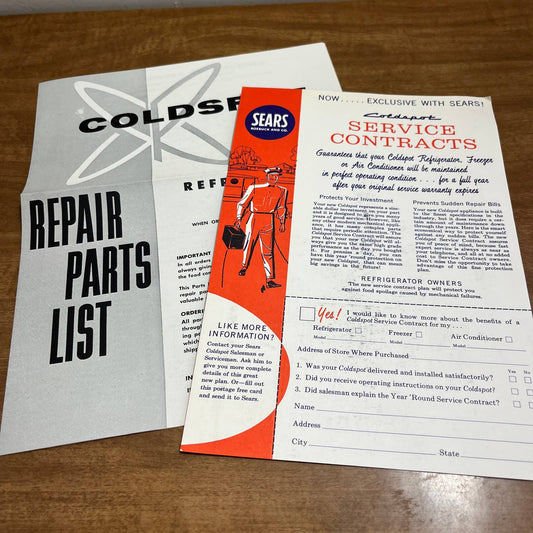Set of 2 - 1950s Coldspot Refrigerator Parts List & Sears Service Contract A2