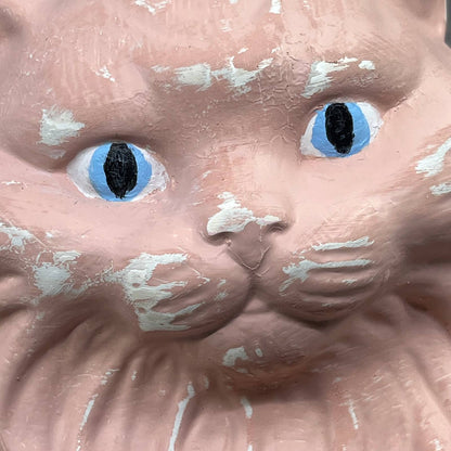 Vtg Hand Painted Lifesize Ceramic PINK Blue Eyes Fluffy Persian Cat Statue 14”