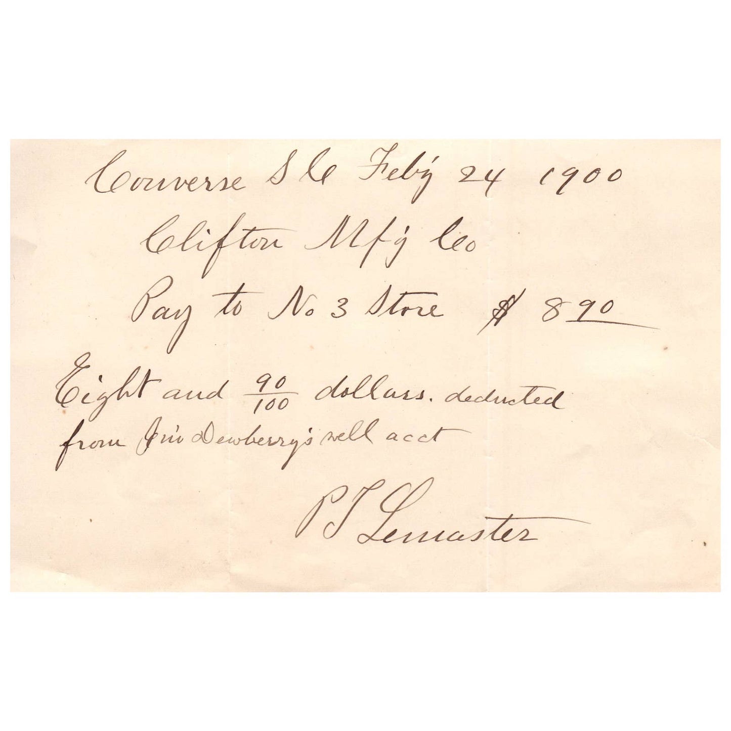 1900 Handwritten Memo Clifton Mfg Co Spartanburg SC PJ Lemaster AD1