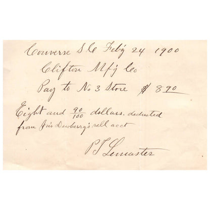 1900 Handwritten Memo Clifton Mfg Co Spartanburg SC PJ Lemaster AD1