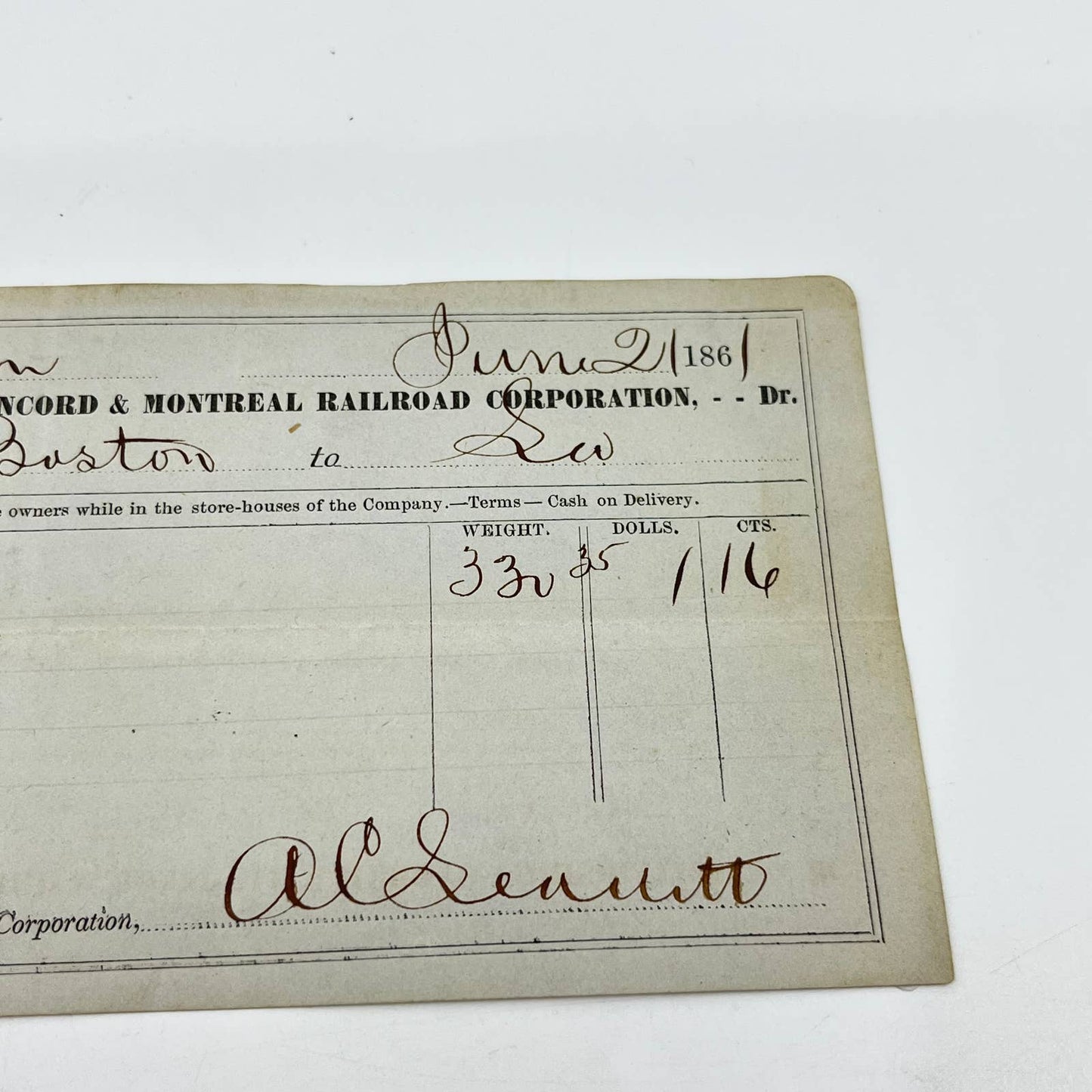 1861 Civil War Era Bank Check Boston Concord & Montreal Railroad Corporation SC5