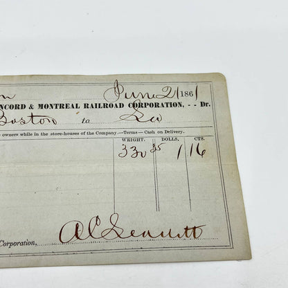 1861 Civil War Era Bank Check Boston Concord & Montreal Railroad Corporation SC5